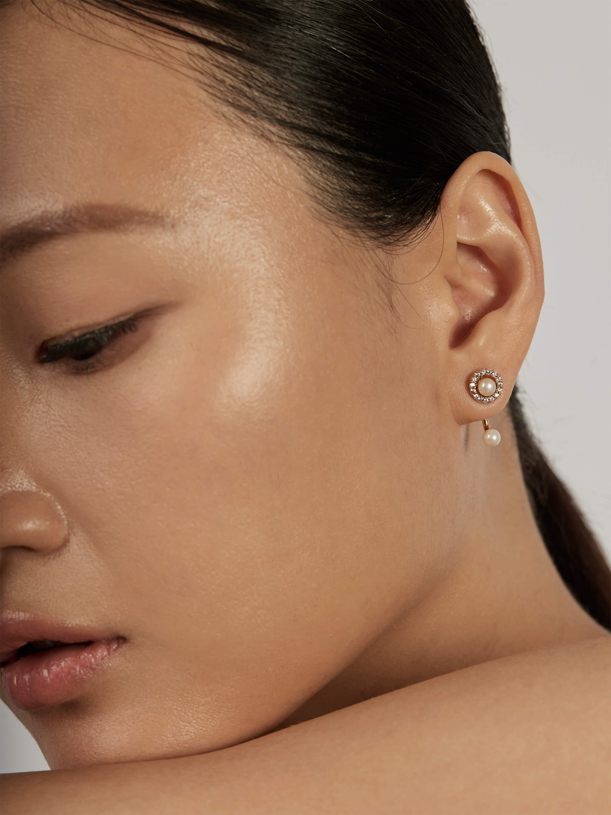 Halo Ear Jacket Earrings styled with pearl